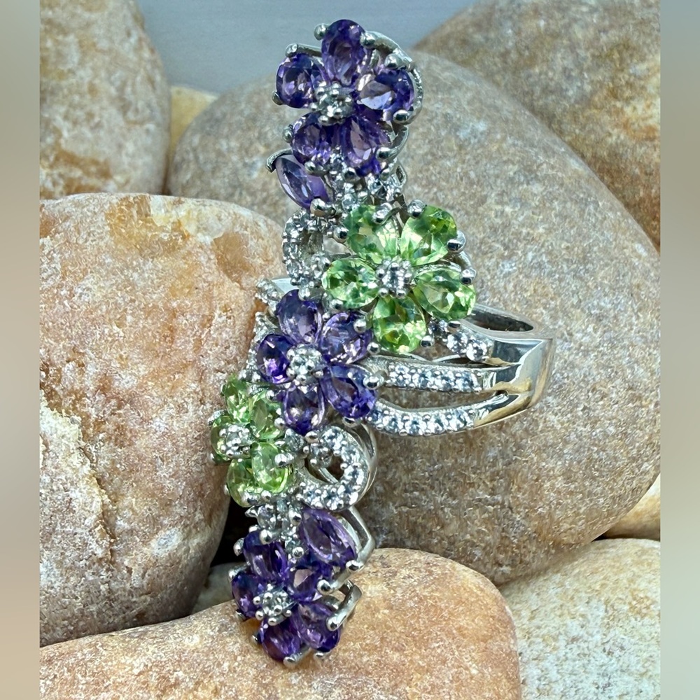Amethyst Peridot Floral Cocktail Ring 5ctw Platinum SS Sz 6 NWT - Picture 8 of 16